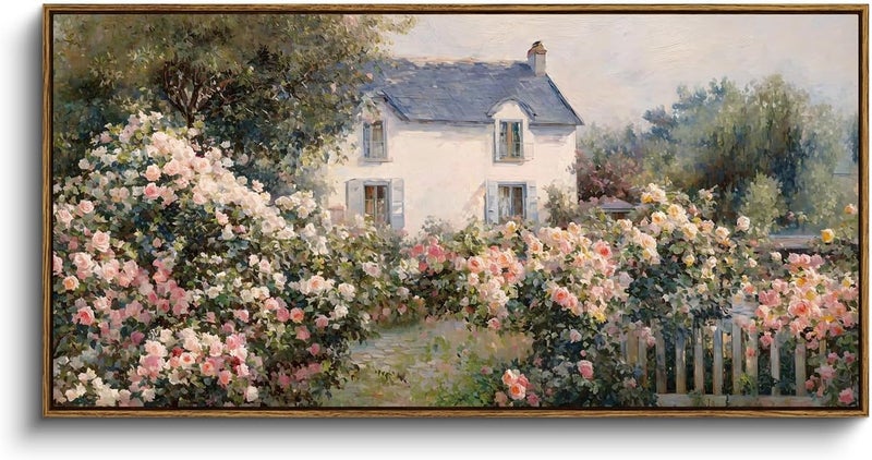 EMODA Cottage Rose Garden Wall Art – Retro Floral Landscape Painting, Framed 60x120 cm, Perfect Home Décor - Image 1